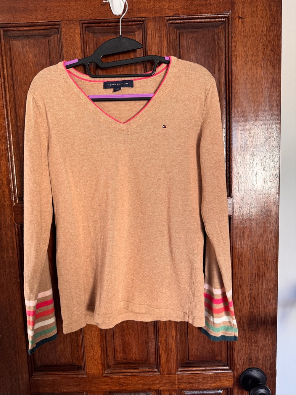 Tommy Hilfiger Tan V-Neck Long Sleeve Top with Multicolor Stripe Cuffs